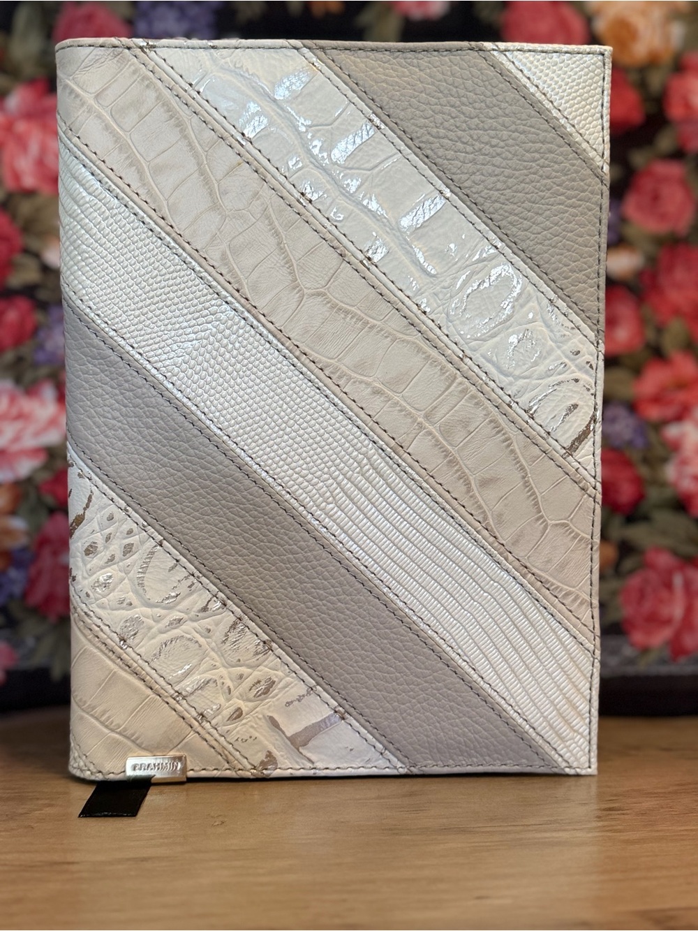 Brahmin Diagonal Patchwork Notebook Cover in Gray and Cream